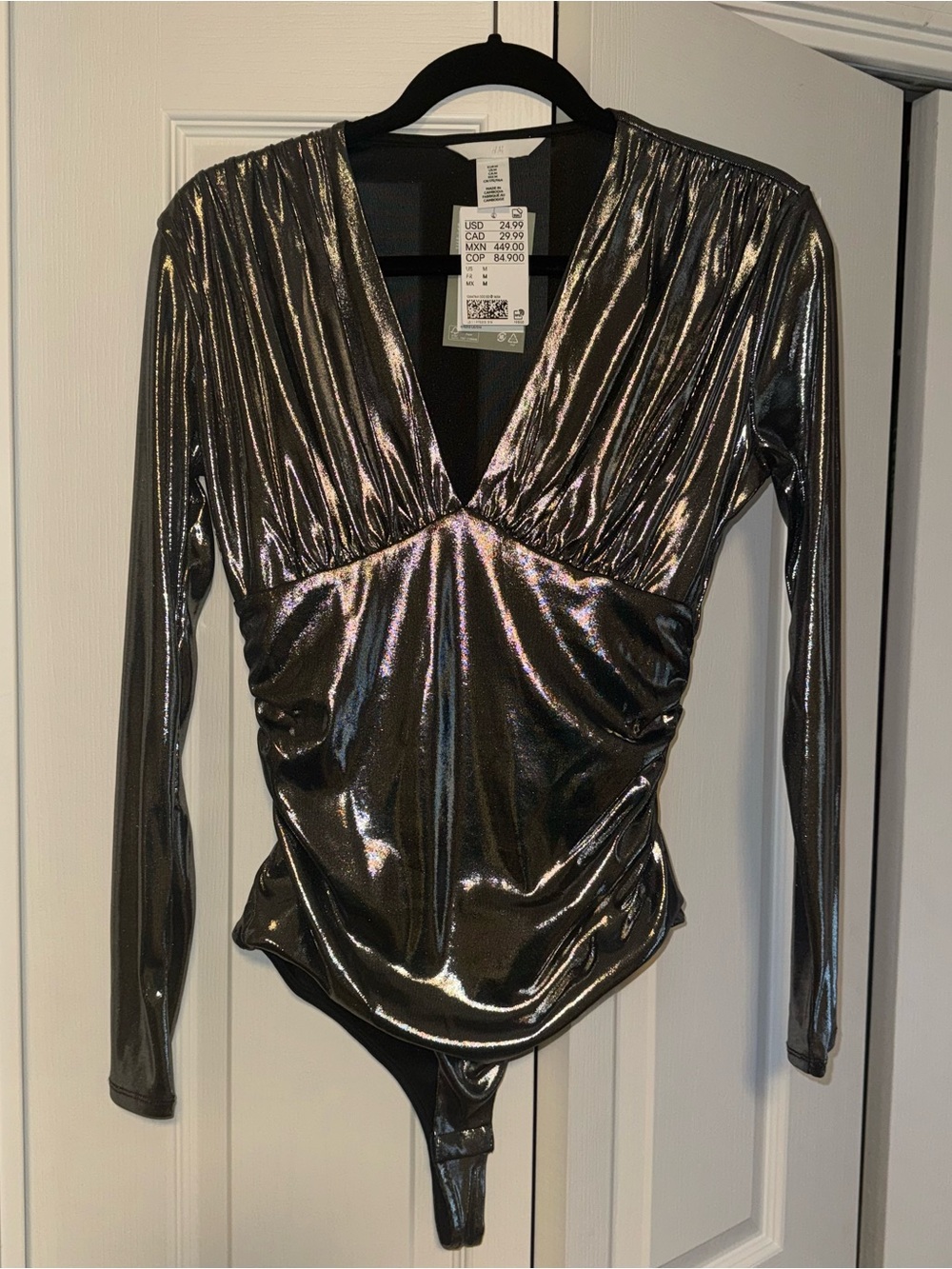 H&M Metallic Silver V-Neck Long Sleeve Bodysuit